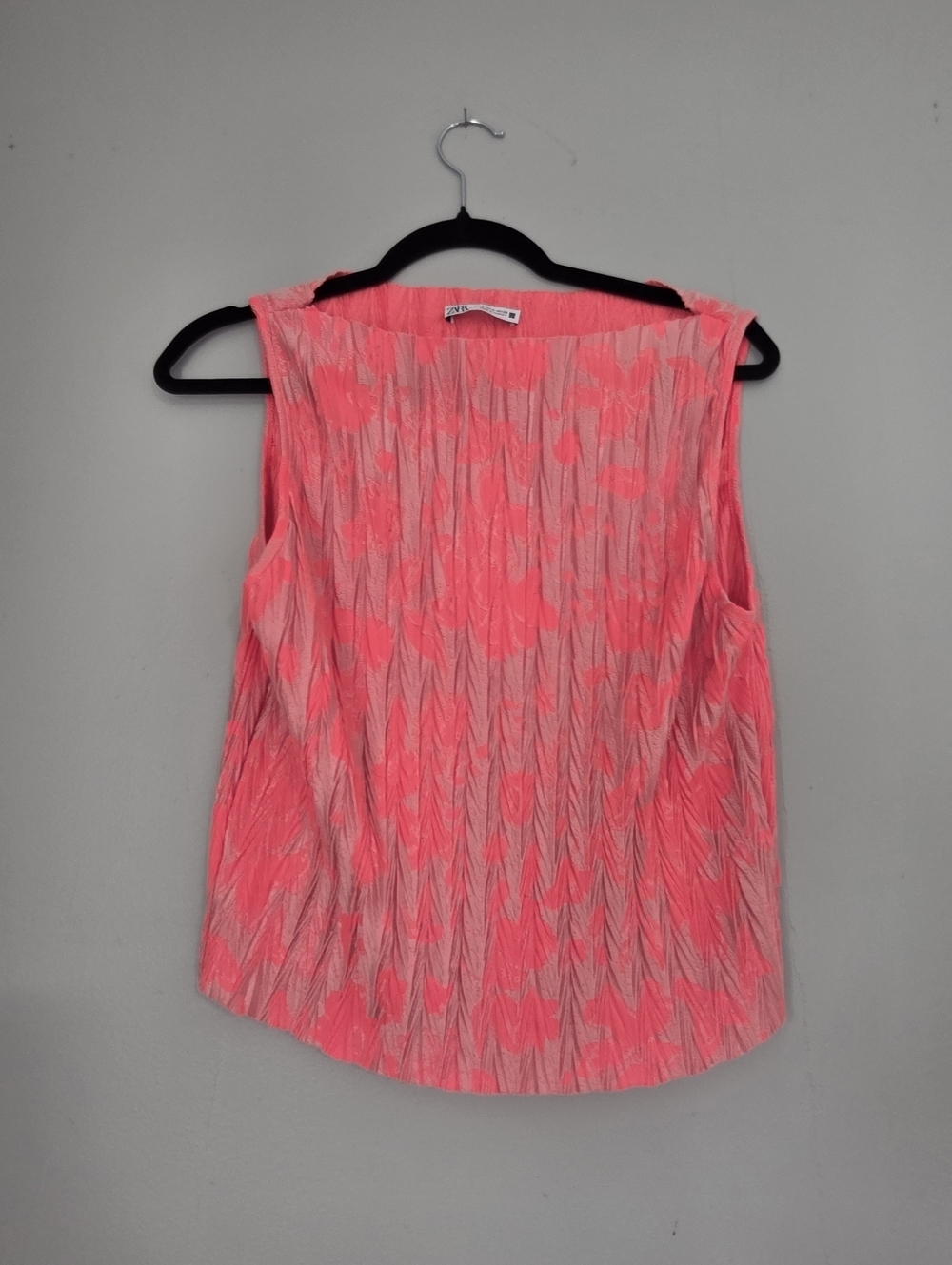 Zara Neon Coral Pleated Sleeveless Top